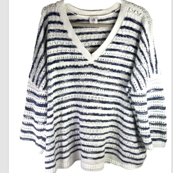 Cabi Peace Pullover Sweater 6178 Cotton crochet Blue White Stripe nautical XL - Picture 2 of 10